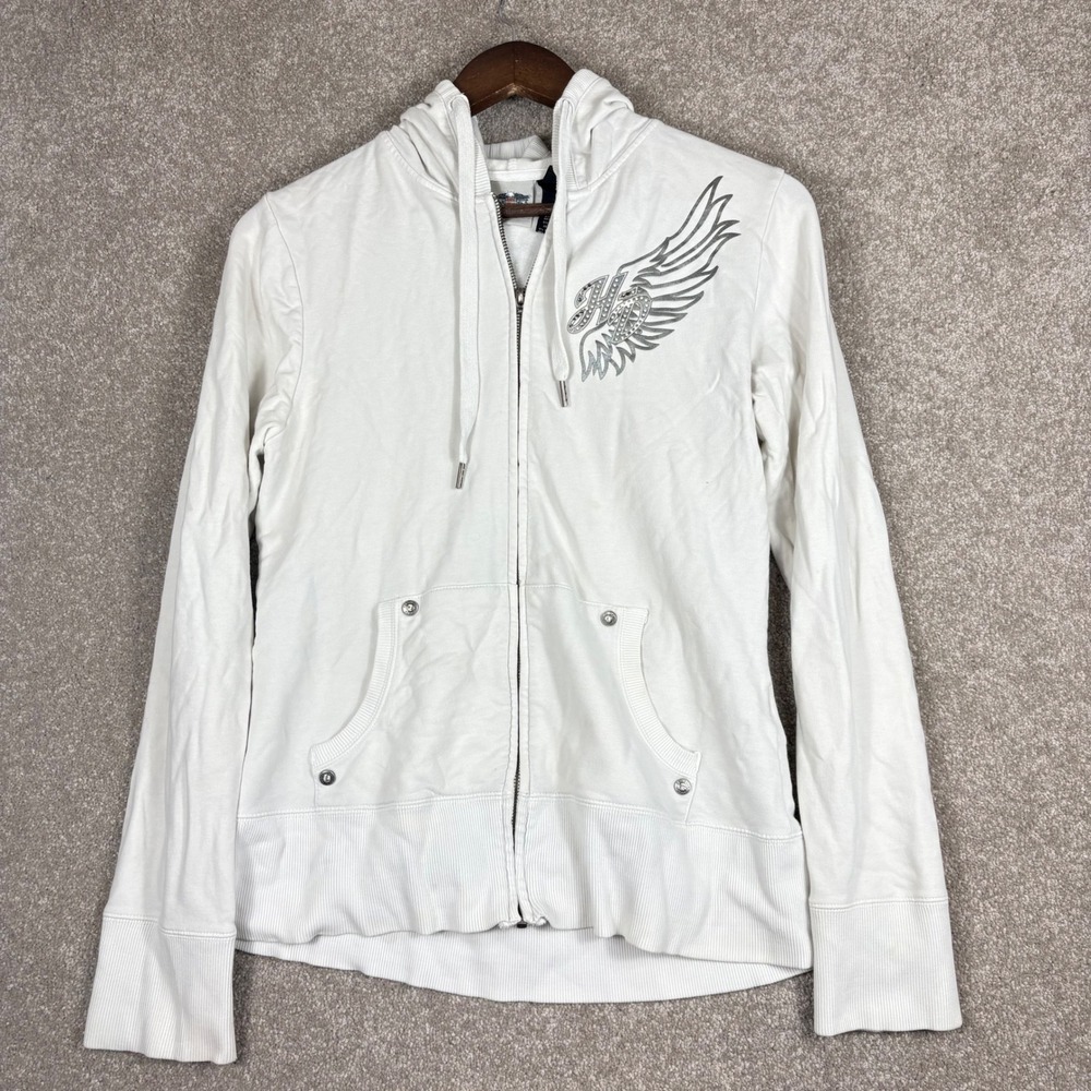 Harley Davidson Womens White Rhinestone Wing Zip Up Hoodie Sweatshirt Large